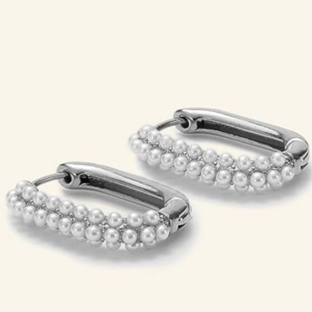 Rose Gold and Pearl Rectangle Hoops Rectangular Hoop Earrings Pave Pearls - Picture 12 of 12